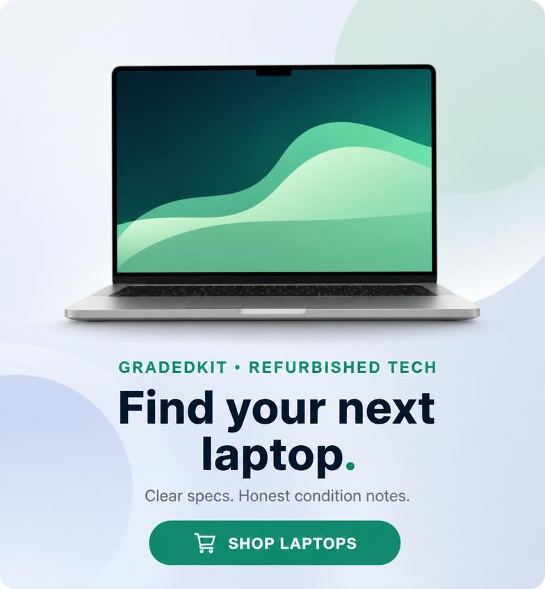 Illustrated laptop banner: find your next laptop at GradedKit.
